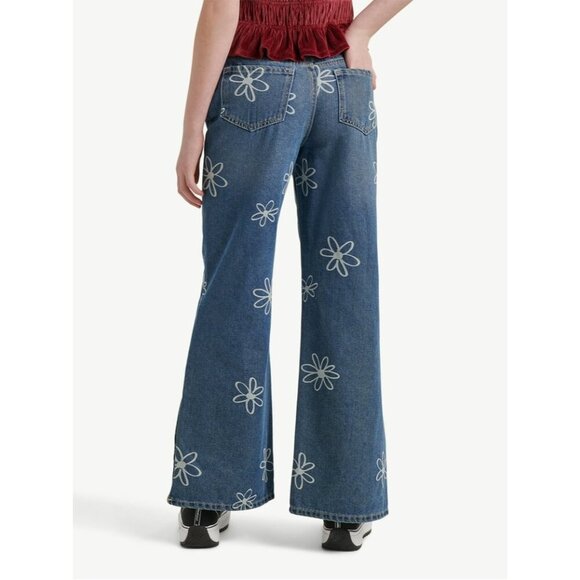 Justice Girls Wide Leg Flower SZ 16 Jeans Side Slit Y2K Floral Denim Daisy 70's - Picture 14 of 15